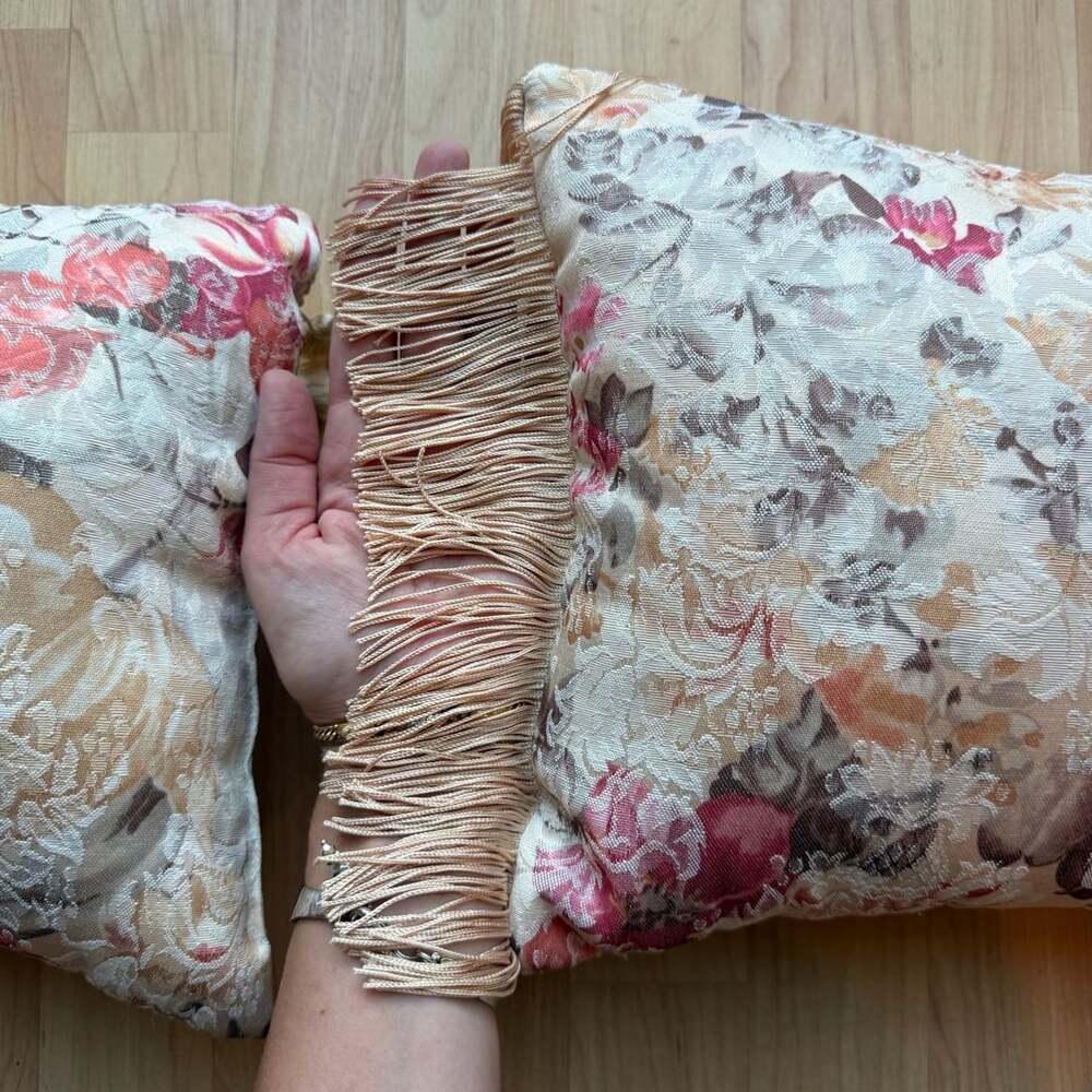 Floral Brocade Western Cottage Throw Pillows with Tassels and Fringe Set of 2